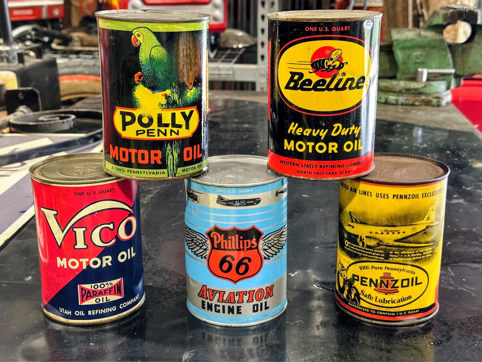 Original Vintage Motor Oil Cans Lot - Polly Penn, Beeline, Vico, Phillips 66, Pennzoil - Collectible 1 Qt Tins