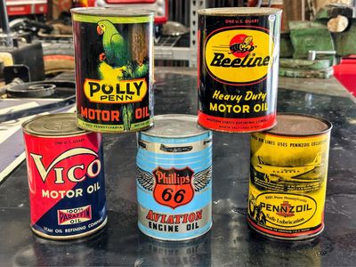 Original Vintage Motor Oil Cans Lot - Polly Penn, Beeline, Vico, Phillips 66, Pennzoil - Collectible 1 Qt Tins