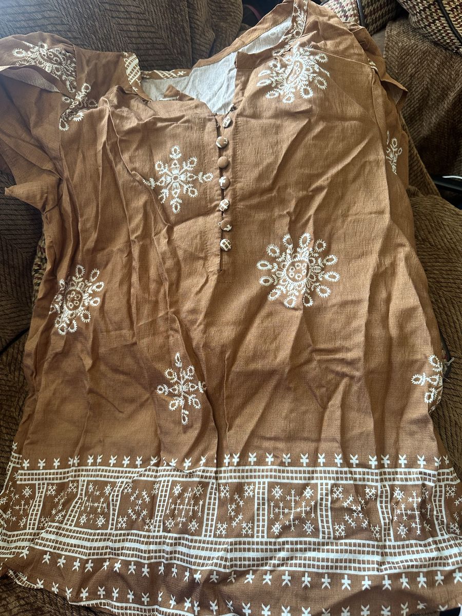 Brown & White Cotton Kurti/Tunic Top - Global Print, Short Sleeve, Size Large