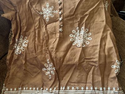 Brown & White Cotton Kurti/Tunic Top - Global Print, Short Sleeve, Size Large