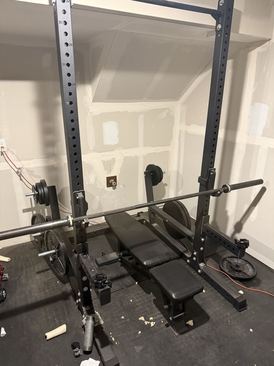 Squat Rack and Weight Bench Set with Standard Barbell and Plates