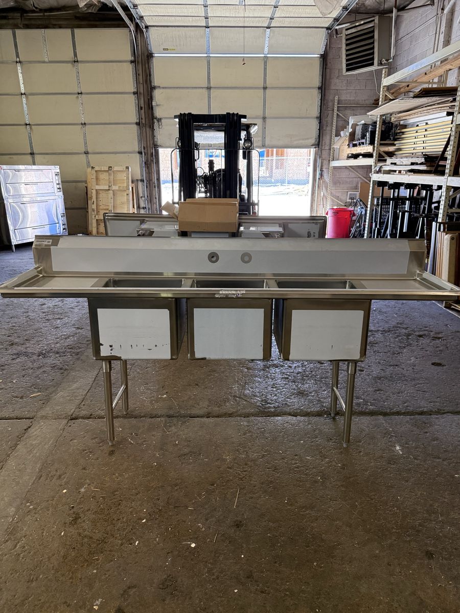 New 3 compartment sink 2 drain boards 94”heavy duty NSF approved 18”X18”compartment