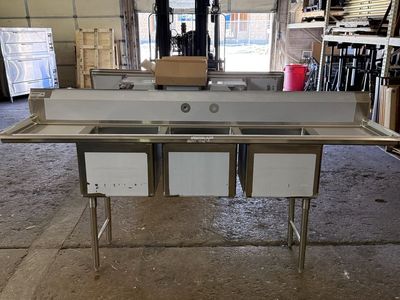 New 3 compartment sink 2 drain boards 94”heavy duty NSF approved 18”X18”compartment