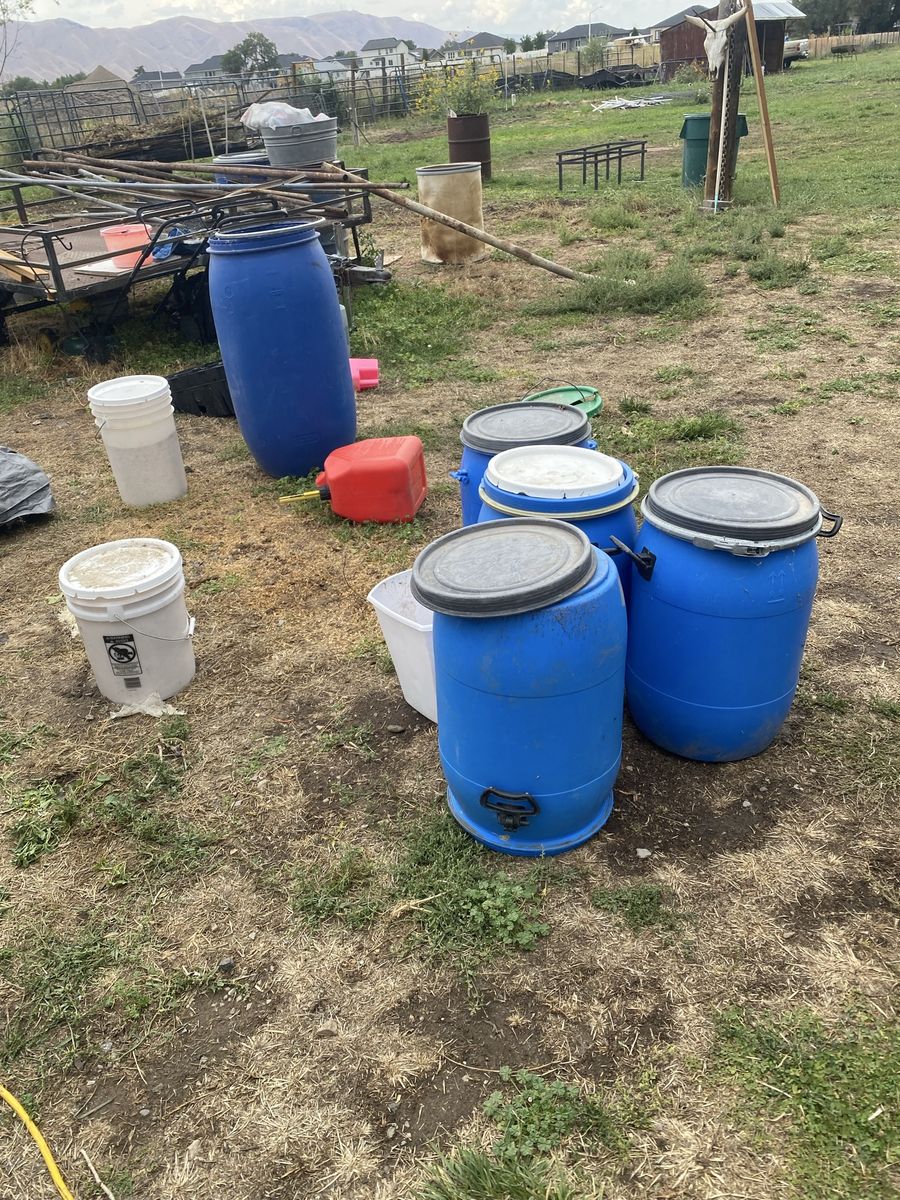 Assorted Blue Plastic Barrels and Storage Drums