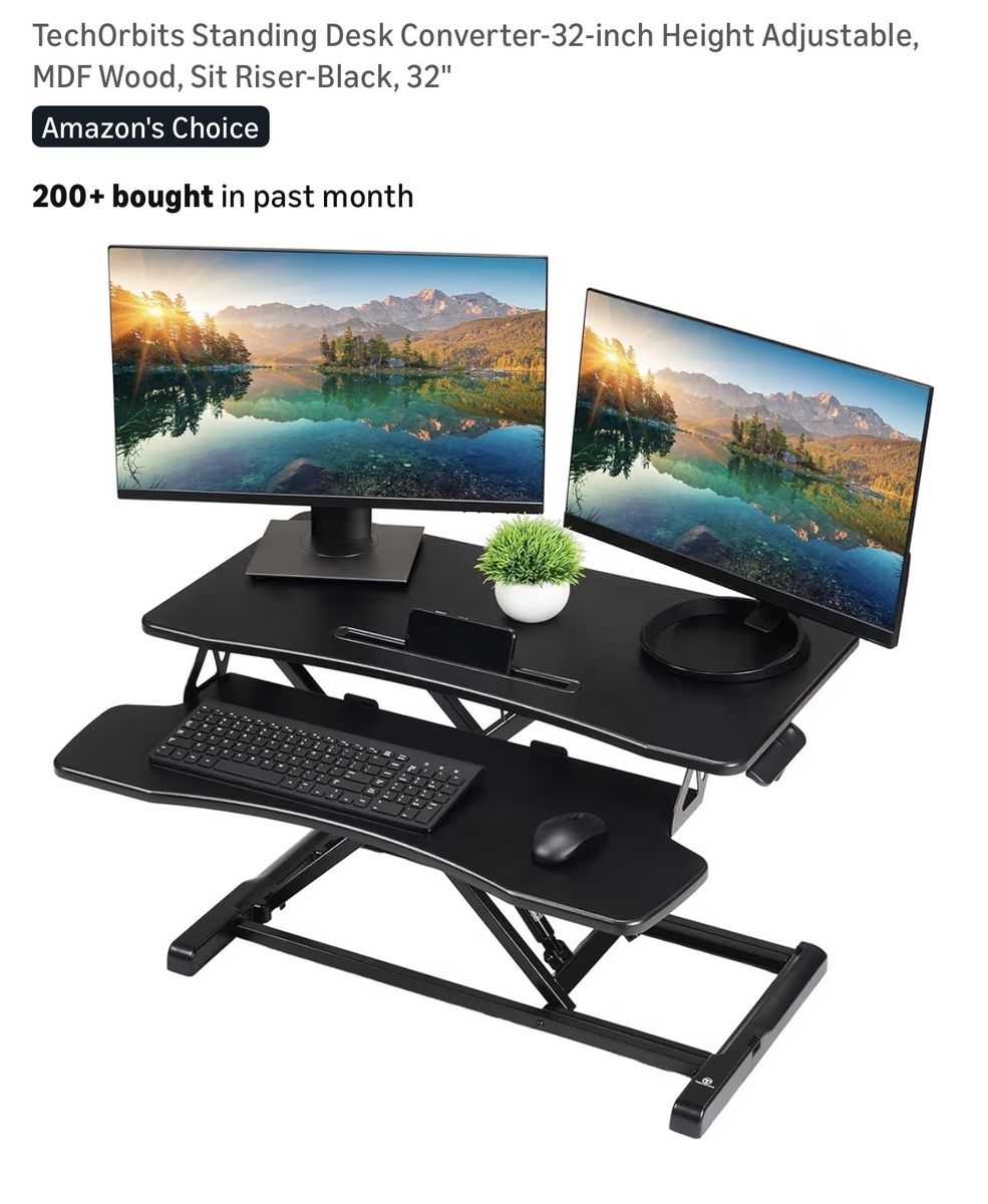 TechOrbits 32" Height Adjustable Standing Desk Converter Sit Riser - Black MDF Wood