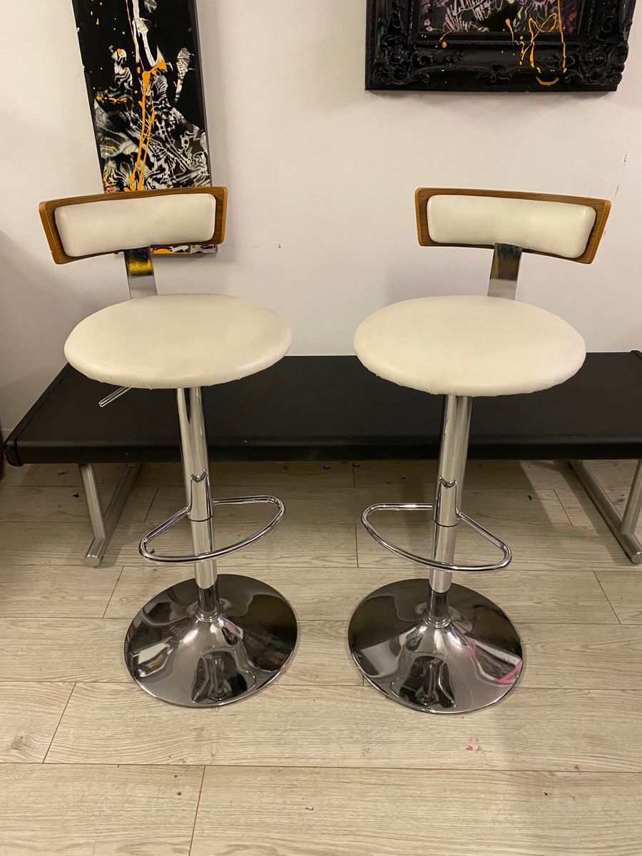 Modern Adjustable Bar Stools (Set of 2) – Cream Leather w/ Wood Accent & Chrome Base