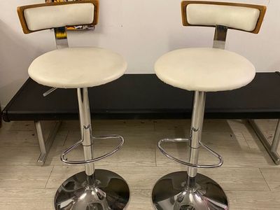 Modern Adjustable Bar Stools (Set of 2) – Cream Leather w/ Wood Accent & Chrome Base