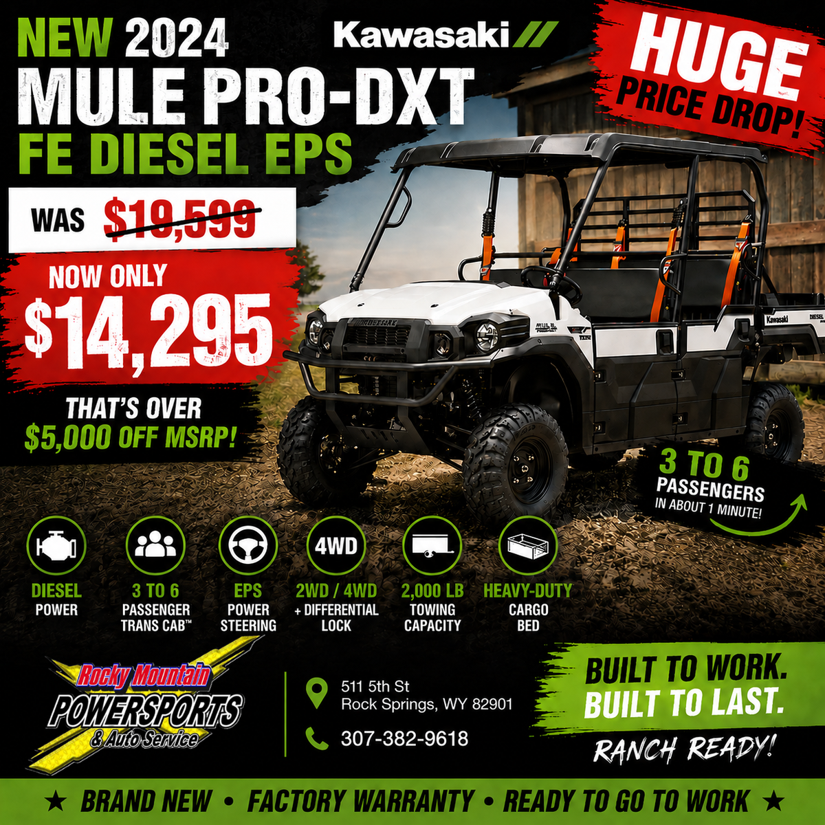 NEW 2024 Kawasaki Mule PRO-DXT FE Diesel EPS for sale at Rocky Mountain Powersports in Rock Springs!