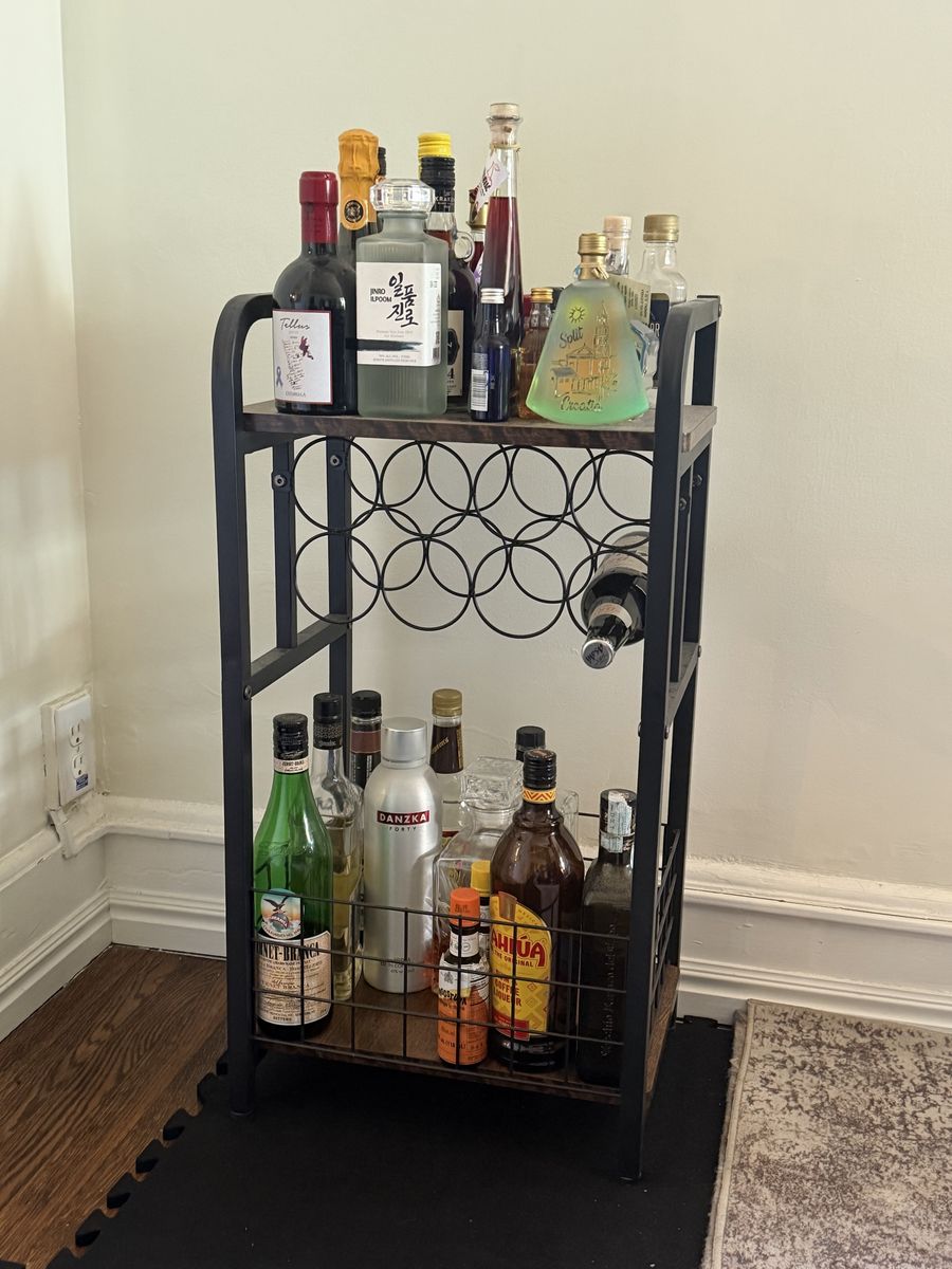 Industrial Style Bar Cart with Wine Rack and Storage Shelves - 3-Tier Rolling Serving Cart