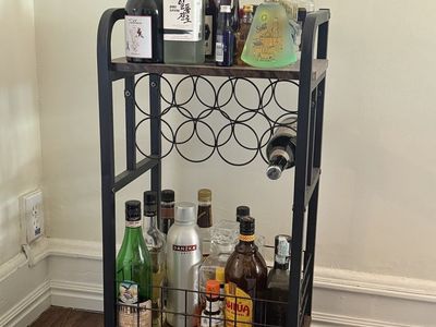 Industrial Style Bar Cart with Wine Rack and Storage Shelves - 3-Tier Rolling Serving Cart
