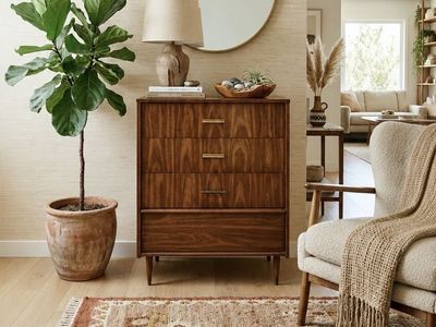 Vintage Mid Century 4-Drawer Walnut Laminate Highboy Chest of Drawers Dresser w/Tapered Legs by Bassett