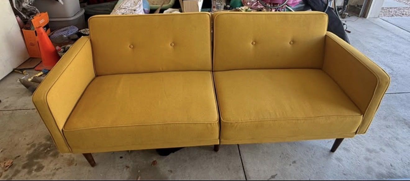 Convertible Yellow Mid-Century Modern Sofa Couch Futon with Wood Legs