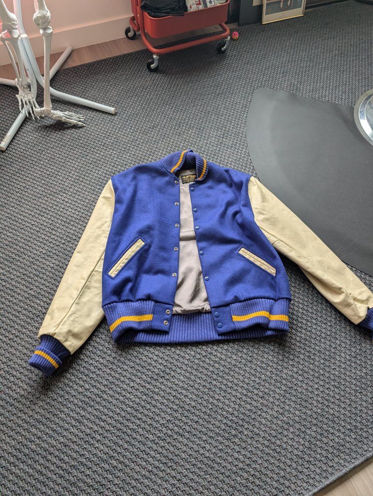 Vintage Albion Award Jacket Varsity Letterman Bomber Blue Wool Leather Sleeves Size 48 USA Made