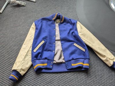 Vintage Albion Award Jacket Varsity Letterman Bomber Blue Wool Leather Sleeves Size 48 USA Made
