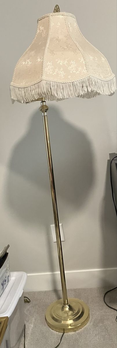 Vintage Brass Swing Arm Floor Lamp with Fringed Fabric Shade