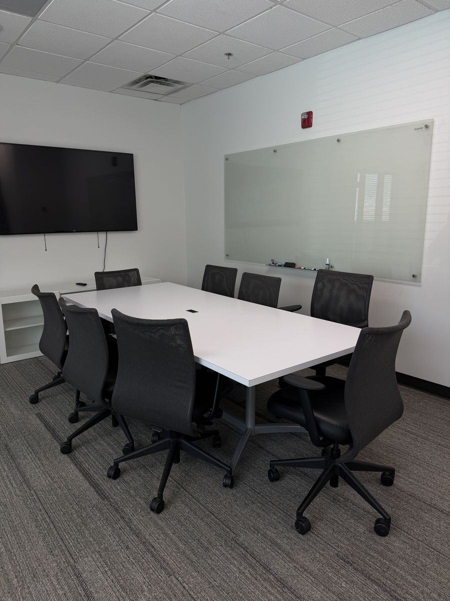 Modern White Conference Table 96x42 with  8 Black Mesh Office Chairs