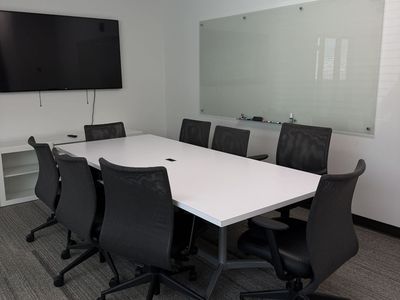 Modern White Conference Table 96x42 with 8 Black Mesh Office Chairs