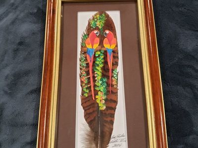 Framed Hand-Painted Feather Art - Costa Rica Scarlet Macaws