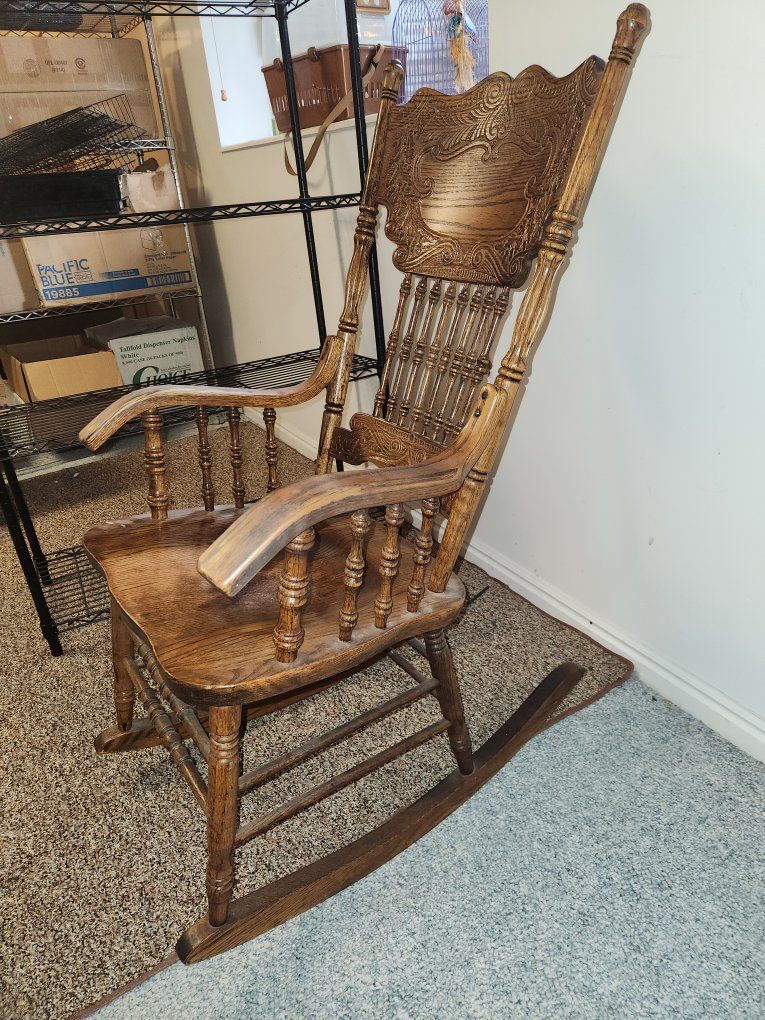 Vintage Solid Wood Rocking Chair - Ornate Carved Back & Spindle Accents, Used