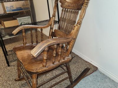 Vintage Solid Wood Rocking Chair - Ornate Carved Back & Spindle Accents, Used