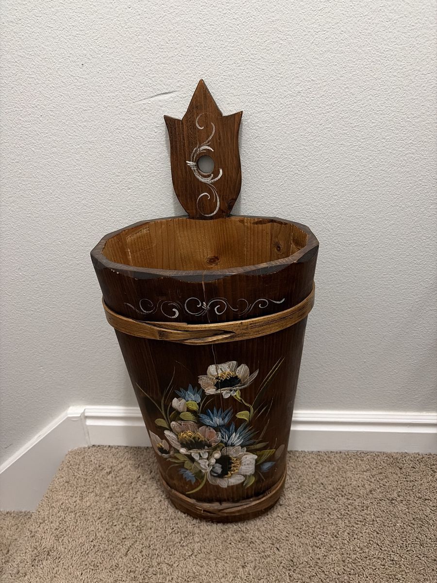 Vintage Hand-Painted Wooden Wall Planter/Bucket with Floral Design - Unique Home Decor