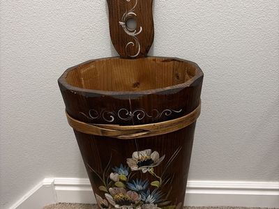 Vintage Hand-Painted Wooden Wall Planter/Bucket with Floral Design - Unique Home Decor