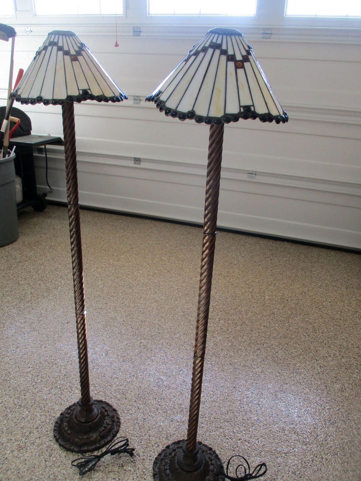 One 66"h Bronze Floor Lamp w/stained Glass Style heavy Plastic shade, Weighted base