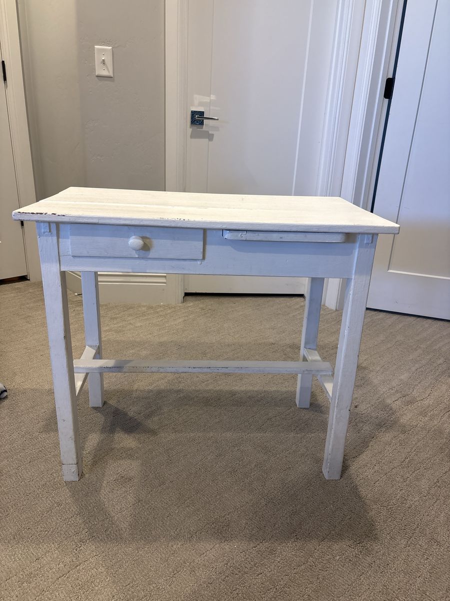 Vintage White Wooden Writing Desk with Drawer and Pull-Out Shelf