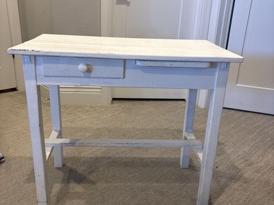 Vintage White Wooden Writing Desk with Drawer and Pull-Out Shelf