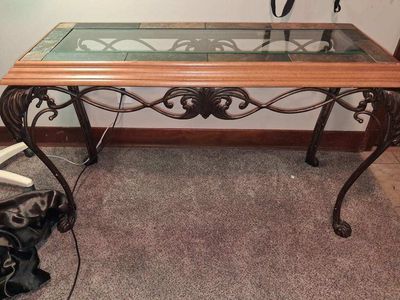 Ornate Wood & Wrought Iron Console Table with Glass & Stone Top - Victorian/Gothic Style