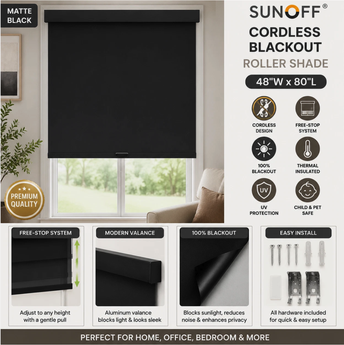 SUNOFF Cordless Blackout Roller Shade Blind 48x80 Matte Black Free Stop
