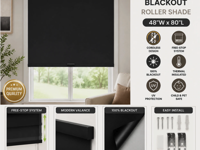 SUNOFF Cordless Blackout Roller Shade Blind 48x80 Matte Black Free Stop