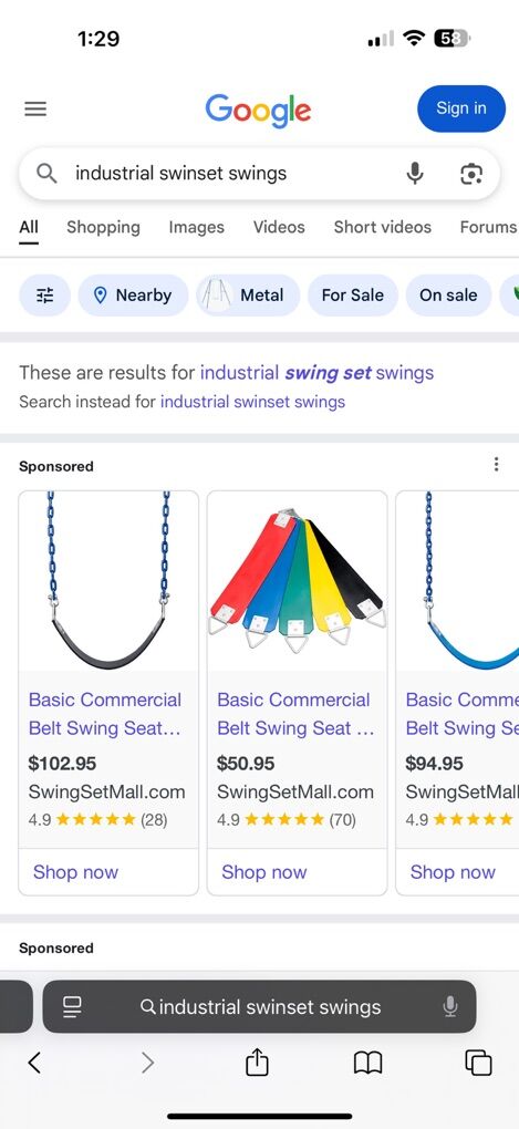 Industrial Swingset Swings $25 Each