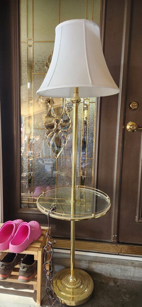 Vintage Brass Floor Lamp with Integrated Glass Table and White Shade.  