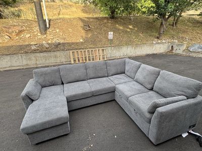 Large Gray Fabric Sectional Sofa with Pull-Out Bed