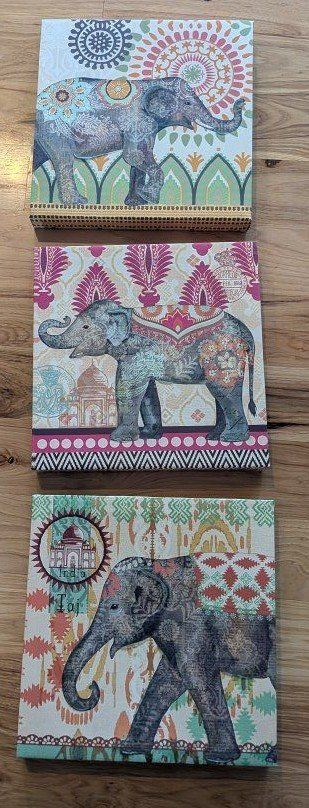Set of 3 Elephant Indian Themed Canvas Wall Art Decor - Vibrant Colors, 12"x12" each