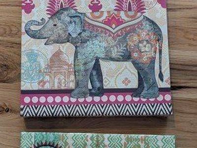 Set of 3 Elephant Indian Themed Canvas Wall Art Decor - Vibrant Colors, 12"x12" each