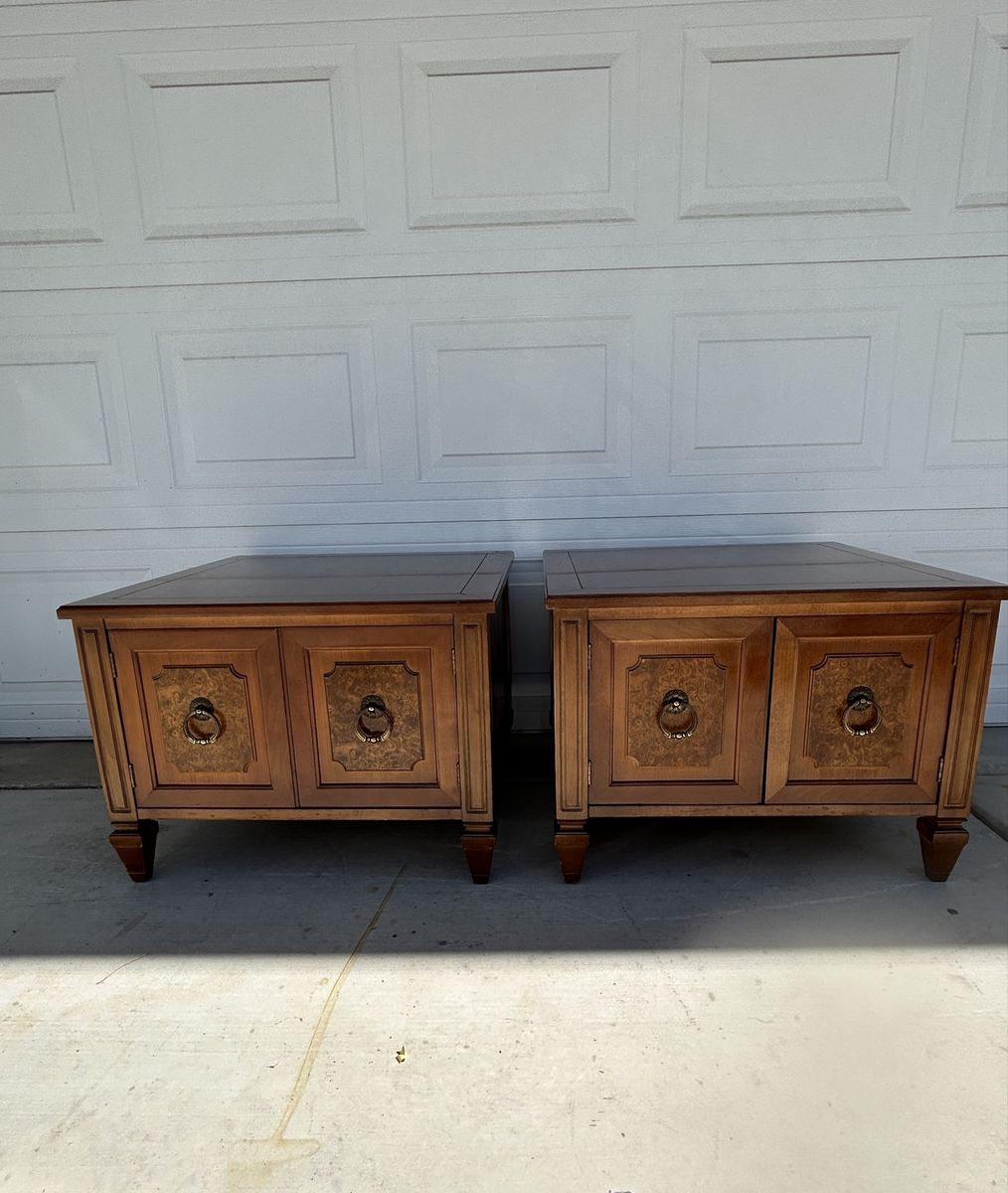 Set of 2 Vintage Wooden End Tables with Cabinet Doors and Brass Rings