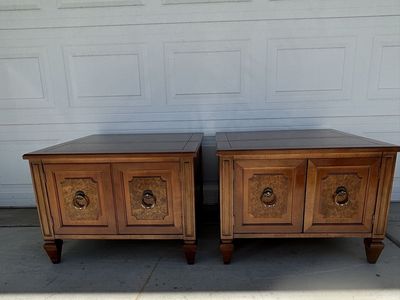 Set of 2 Vintage Wooden End Tables with Cabinet Doors and Brass Rings