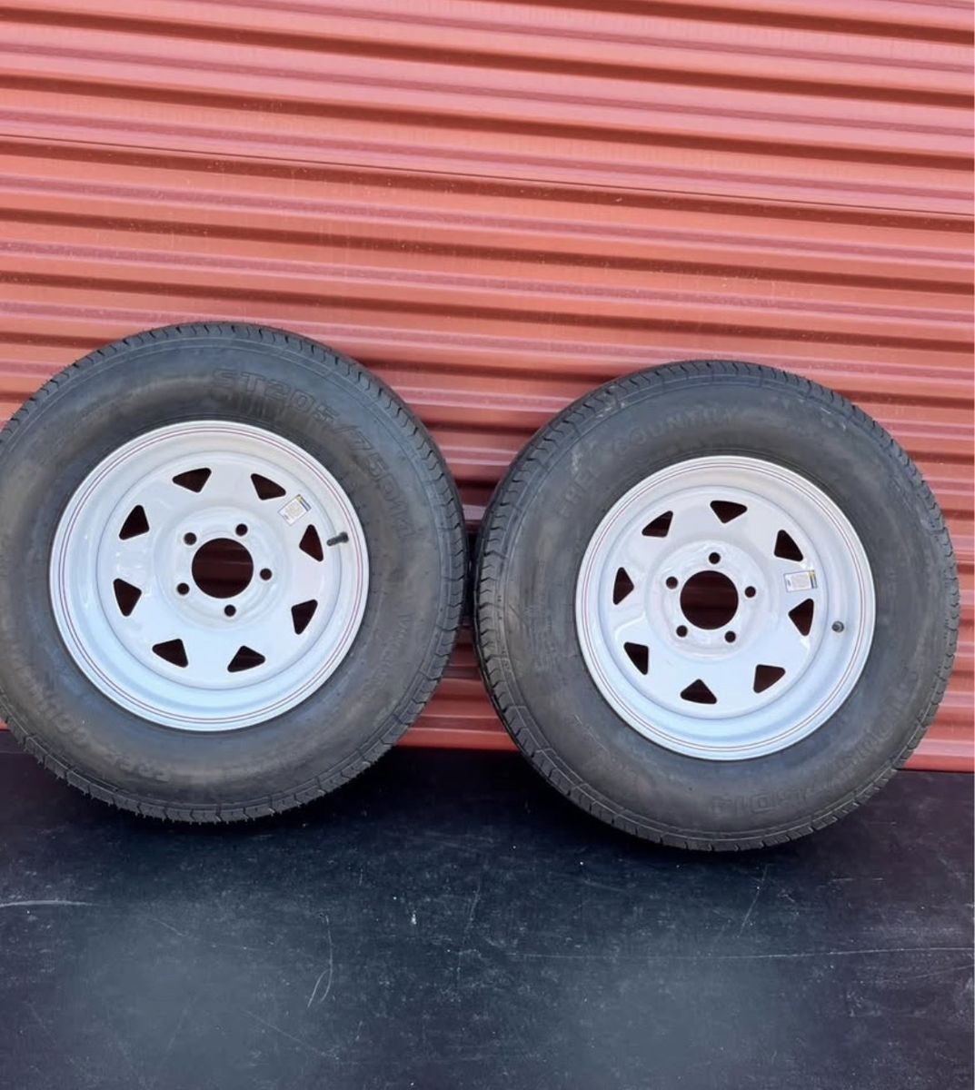 Brand New Set of 2 ST 205/75 D Trailer Tires Mounted on New White Spoke Wheels