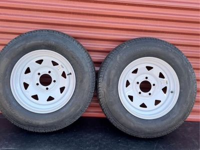 Brand New Set of 2 ST 205/75 D Trailer Tires Mounted on New White Spoke Wheels
