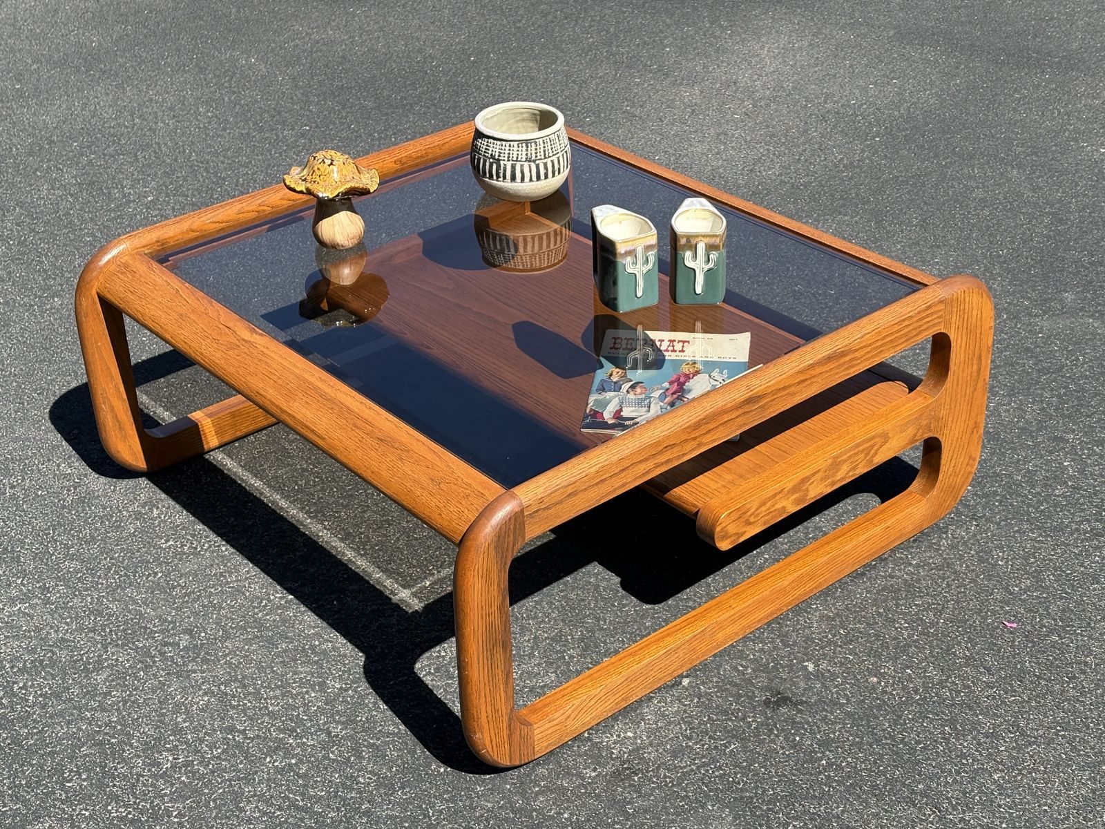 Beautiful Lou Hodges Coffee Table. Mid Century Modern  wood and beveled smoked glass  MCM 38x38