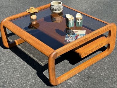 Beautiful Lou Hodges Coffee Table. Mid Century Modern wood and beveled smoked glass MCM 38x38