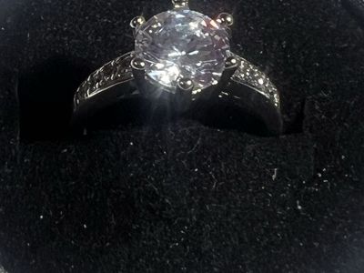 Sterling Silver S925 Clear Stone Engagement Ring, Sz 6.5, Pave Band