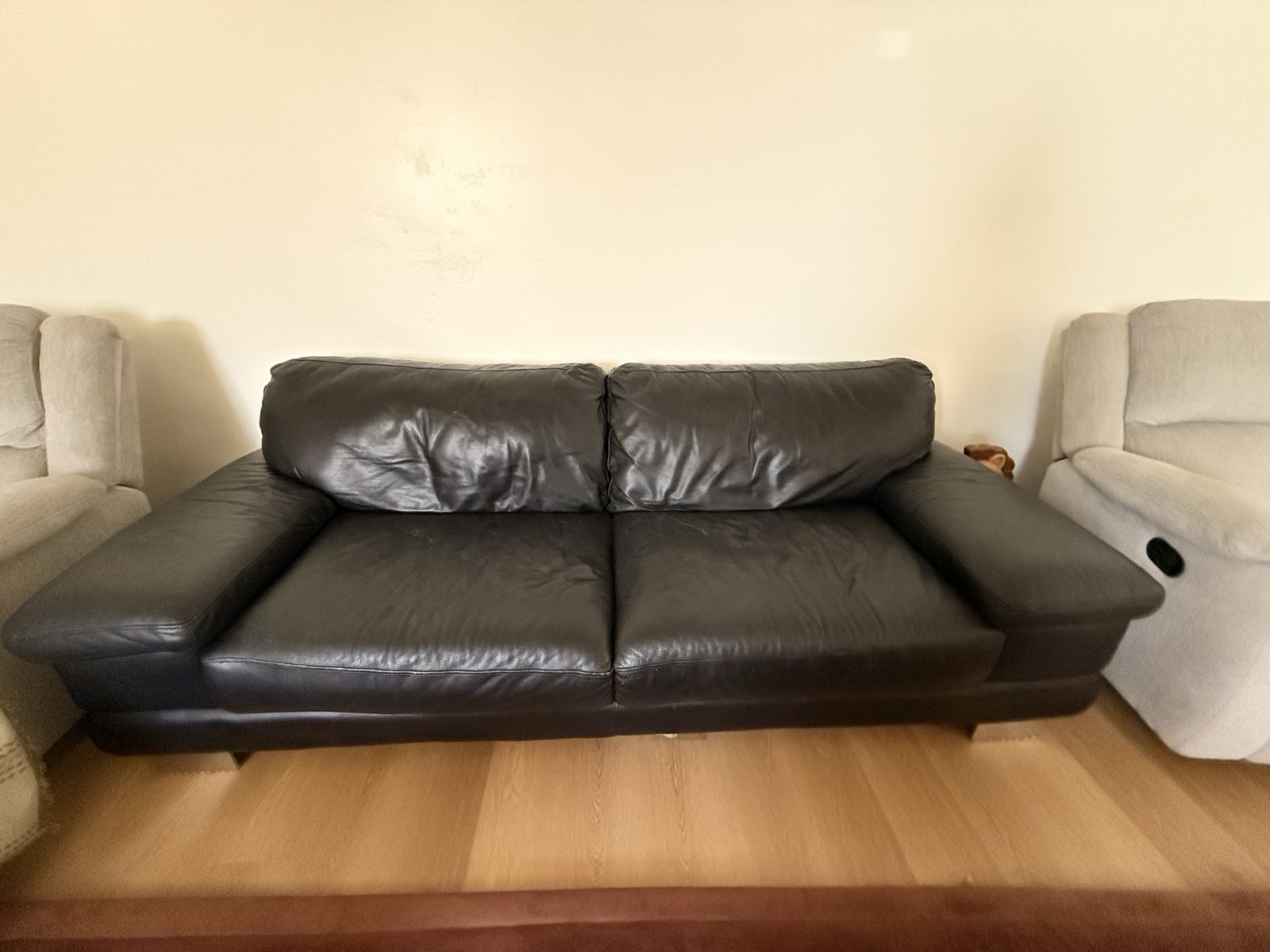Modern Black Leather Sofa and Matching Armchair 