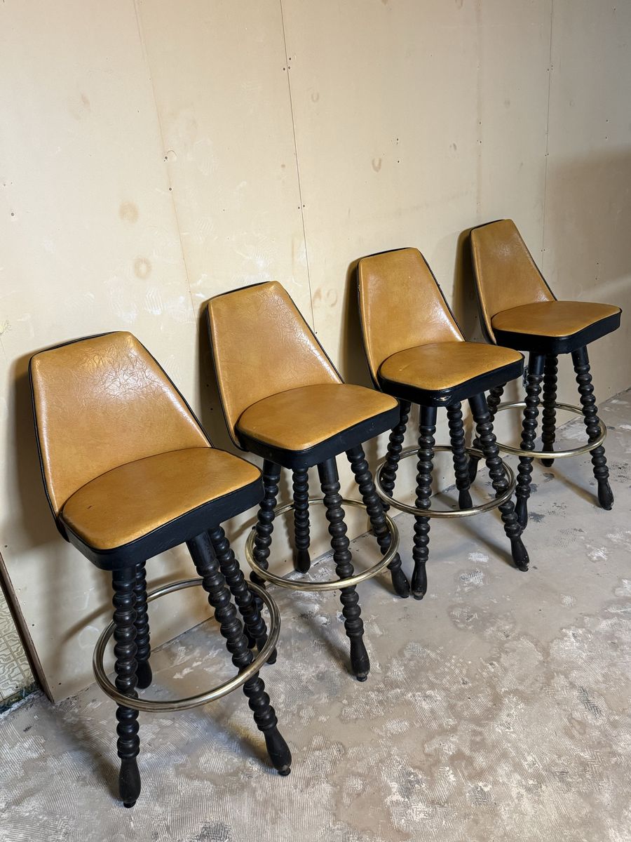Set of 4 Vintage Mid-Century Swivel Bar Stools - Tan & Black Upholstery, Spindle Legs