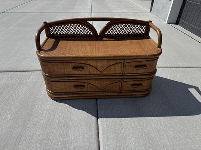 Vintage Rattan Wicker Storage Bench with Drawers