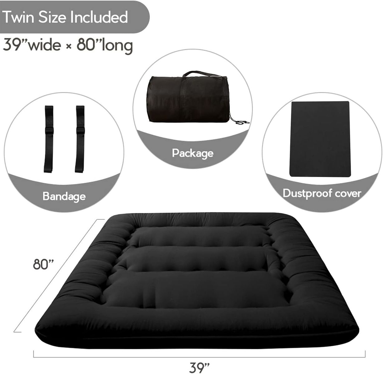 Japanese Floor Mattress Futon Mattress, 4" Thicken Tatami Mat Sleeping Pad Foldable Roll Up Mat, Twin Size, Black
