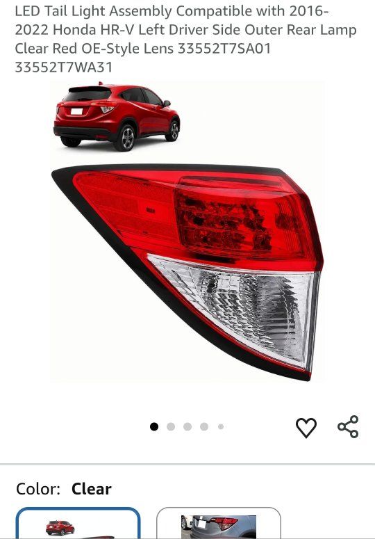 2016-2022 Honda HR-V Left Driver Side Outer Rear LED Tail Light Assembly Clear Red OE-Style 33552T7SA01