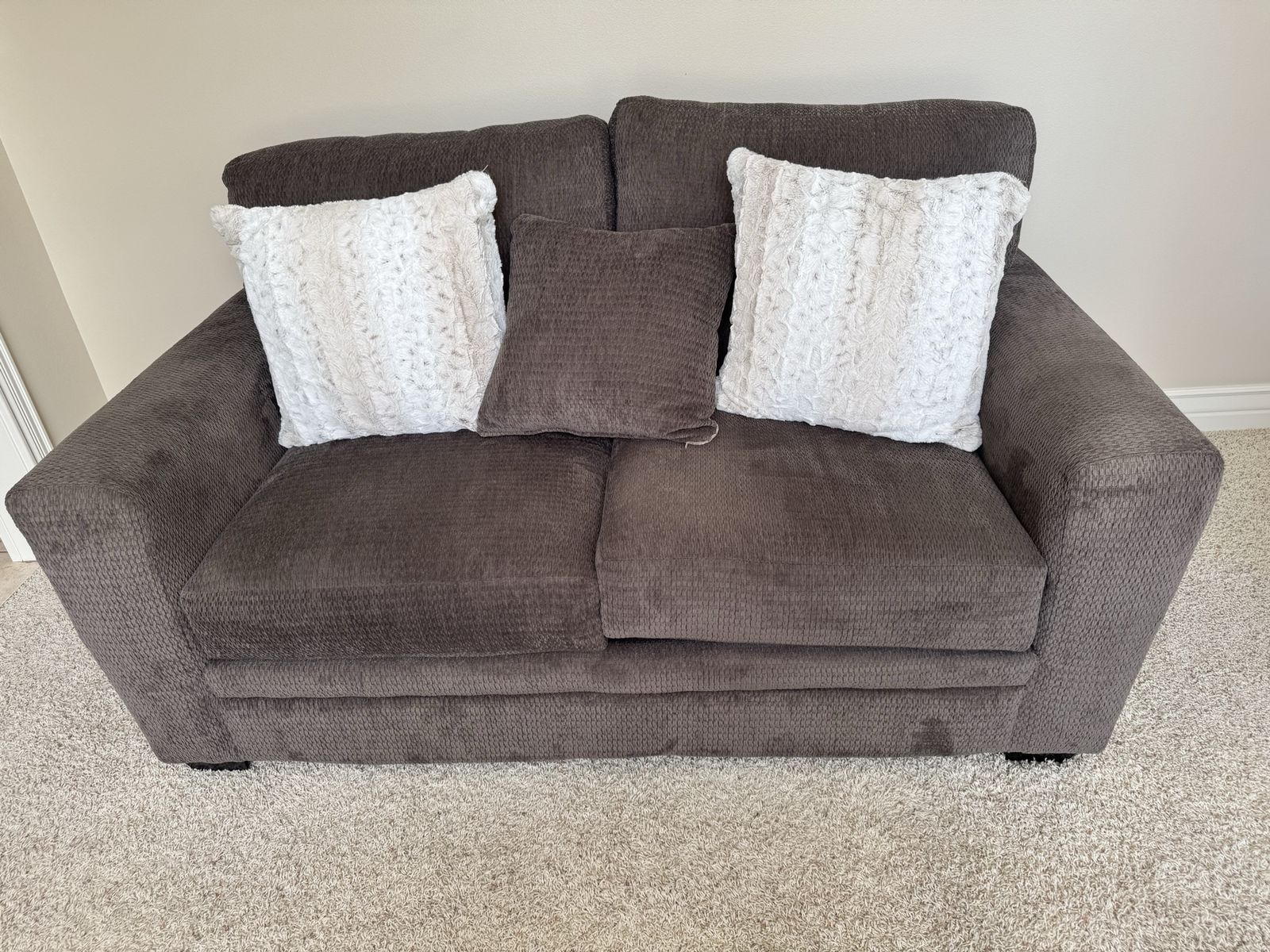 Dark Gray Fabric Loveseat Sofa with Decorative Accent Pillows